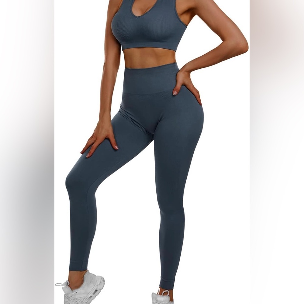 Seamless High-Waist Leggings and Sports Bra Set - Slate Gray
